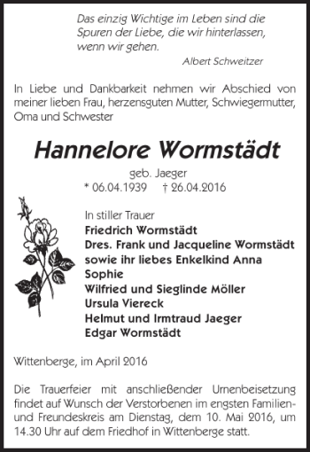 Traueranzeige von Hannelore Wormstädt von Der Prignitzer