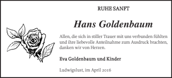 Traueranzeige von Hans Goldenbaum von Ludwigsluster Tageblatt