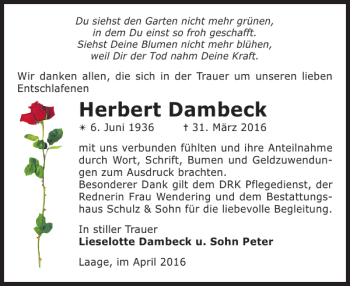 Traueranzeige von Herbert Dambeck von Güstrower Anzeiger