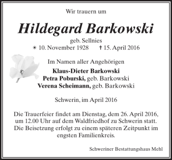 Traueranzeige von Hildegard Barkowski von Zeitung für die Landeshauptstadt