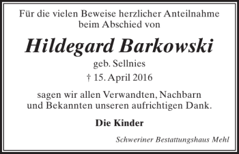 Traueranzeige von Hildegard Barkowski von Zeitung für die Landeshauptstadt