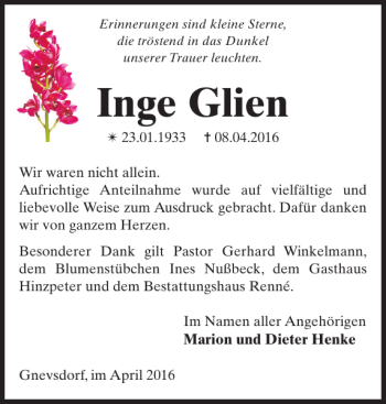 Traueranzeige von Inge Glien von Zeitung für Lübz - Goldberg - Plau