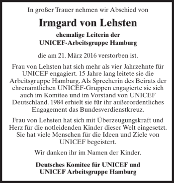 Traueranzeige von Irmgard von Lehsten von Anzeiger für Sternberg - Brüel - Warin