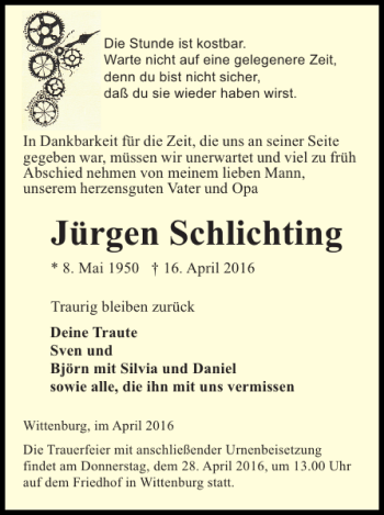 Traueranzeige von Jürgen Schlichting von Hagenower Kreisblatt