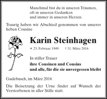 Traueranzeige von Karin Steinhagen von Gadebusch-Rehnaer Zeitung