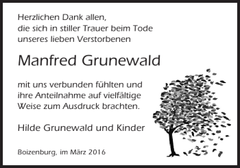 Traueranzeige von Manfred Grunewald von Hagenower Kreisblatt