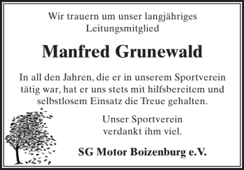 Traueranzeige von Manfred Grunewald von Hagenower Kreisblatt