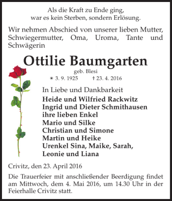 Traueranzeige von Ottilie Baumgarten von Zeitung für die Landeshauptstadt