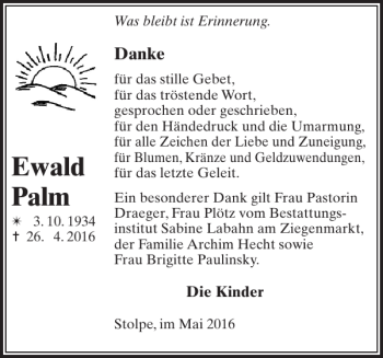 Traueranzeige von Ewald Palm von Parchimer Zeitung