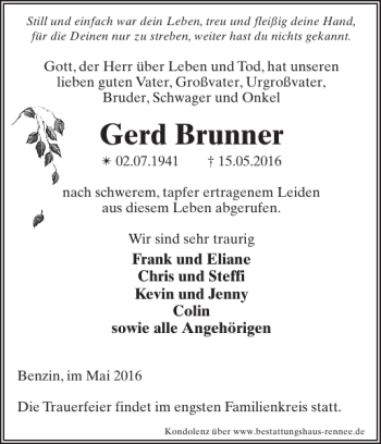 Traueranzeige von Gerd Brunner von Zeitung für Lübz - Goldberg - Plau