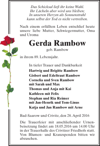 Traueranzeige von Gerda Rambow von Zeitung für die Landeshauptstadt