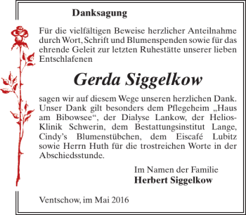 Traueranzeige von Gerda Siggelkow von Anzeiger für Sternberg - Brüel - Warin