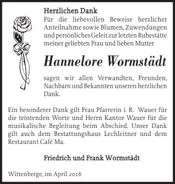 Traueranzeige von Hannelore Wormstädt von Der Prignitzer