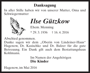 Traueranzeige von Ilse Gützkow von Hagenower Kreisblatt