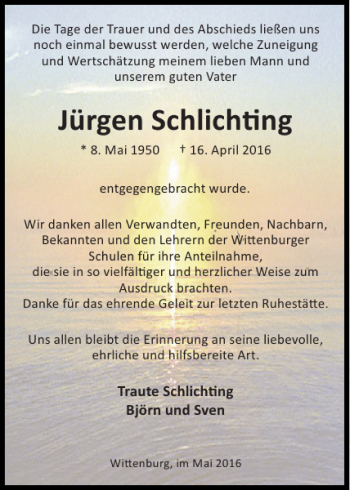 Traueranzeige von Jürgen Schlichting von Hagenower Kreisblatt