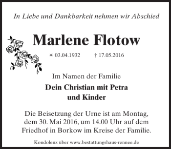 Traueranzeige von Marlene Flotow von Zeitung für Lübz - Goldberg - Plau