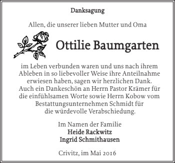 Traueranzeige von Ottilie Baumgarten von Zeitung für die Landeshauptstadt