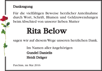 Traueranzeige von Rita Below von Parchimer Zeitung