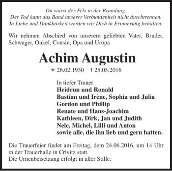 Traueranzeige von Achim Augustin von Zeitung für die Landeshauptstadt