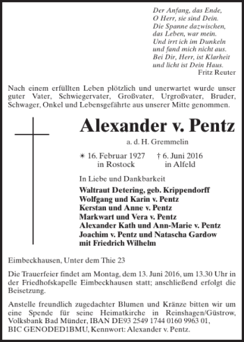 Traueranzeige von Alexander v. Pentz von Güstrower Anzeiger