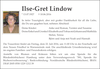 Traueranzeige von Ilse-Gret Lindow von Norddeutsche Neueste Nachrichten