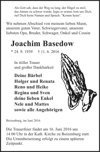 Traueranzeige von Joachim Basedow von Hagenower Kreisblatt