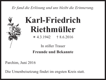 Traueranzeige von Karl-Friedrich Riethmüller von Parchimer Zeitung