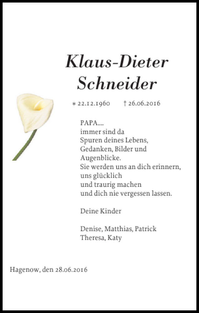  Traueranzeige für Klaus-Dieter Schneider vom 29.06.2016 aus Hagenower Kreisblatt