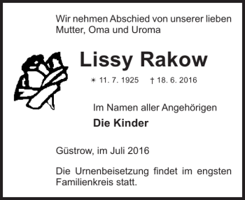 Traueranzeige von Lissy Rakow von Güstrower Anzeiger