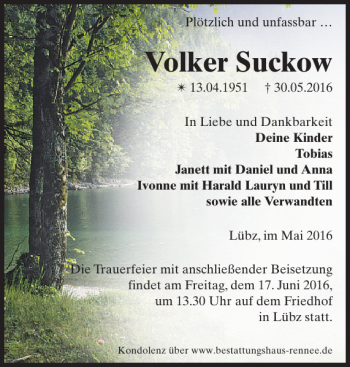 Traueranzeige von Volker Suckow von Zeitung für Lübz - Goldberg - Plau