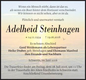 Traueranzeige von Adelheid Steinhagen von Zeitung für die Landeshauptstadt