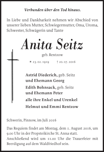 Traueranzeige von Anita Seitz von Zeitung für die Landeshauptstadt