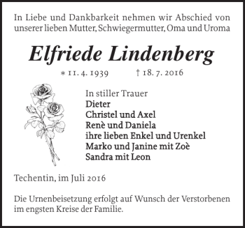 Traueranzeige von Elfriede Lindenberg von Ludwigsluster Tageblatt