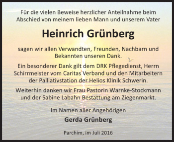 Traueranzeige von Heinrich Grünberg von Parchimer Zeitung