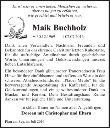 Traueranzeige von Maik Buchholz von Zeitung für Lübz - Goldberg - Plau