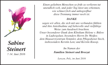 Traueranzeige von Sabine Steinert von Der Prignitzer