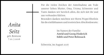 Traueranzeige von Anita Seitz von Zeitung für die Landeshauptstadt