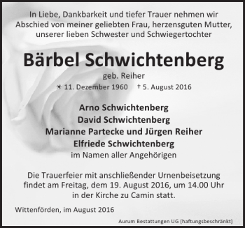 Traueranzeige von Bärbel Schwichtenberg von Zeitung für die Landeshauptstadt