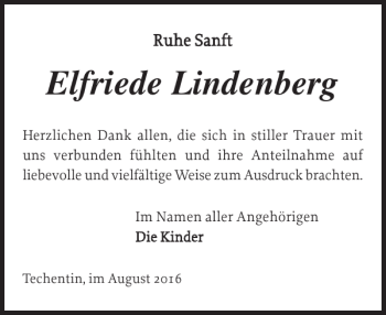 Traueranzeige von Elfriede Lindenberg von Ludwigsluster Tageblatt