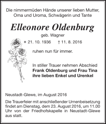 Traueranzeige von Elleonore Oldenburg von Ludwigsluster Tageblatt