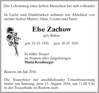 Traueranzeige von Else Zachow von Zeitung für die Landeshauptstadt