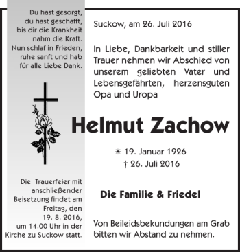 Traueranzeige von Helmut Zachow von Parchimer Zeitung