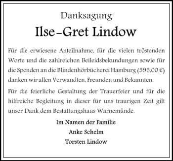 Traueranzeige von Ilse-Gret Lindow von Norddeutsche Neueste Nachrichten