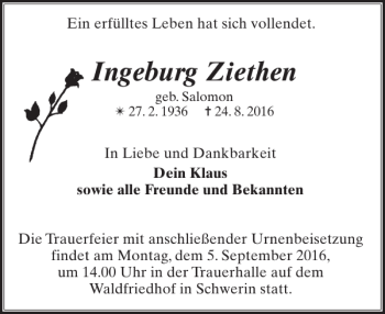 Traueranzeige von Ingeburg Ziethen von Zeitung für die Landeshauptstadt