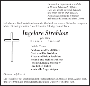 Traueranzeige von Ingelore Strehlow von Güstrower Anzeiger