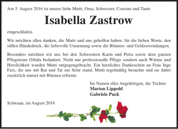 Traueranzeige von Isabella Zastrow von Bützower Zeitung