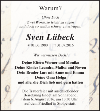 Traueranzeige von Sven Lübeck von Parchimer Zeitung