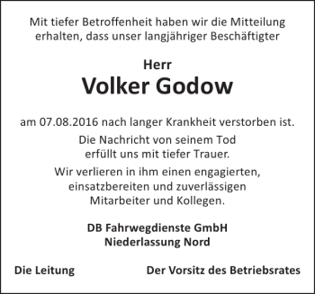 Traueranzeige von Volker Godow von Der Prignitzer