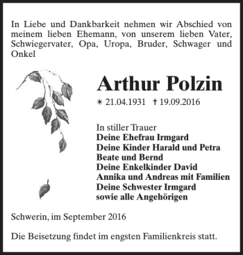 Traueranzeige von Arthur Polzin von Zeitung für die Landeshauptstadt