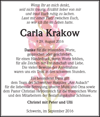 Traueranzeige von Carla Krakow von Zeitung für die Landeshauptstadt